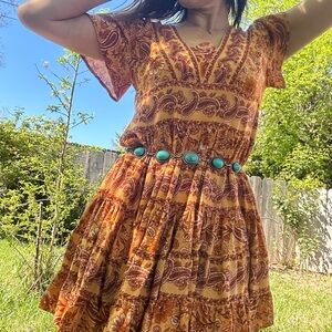 Patrons of Peace Mustard and Burnt Orange Paisley Tiered Mini Dress